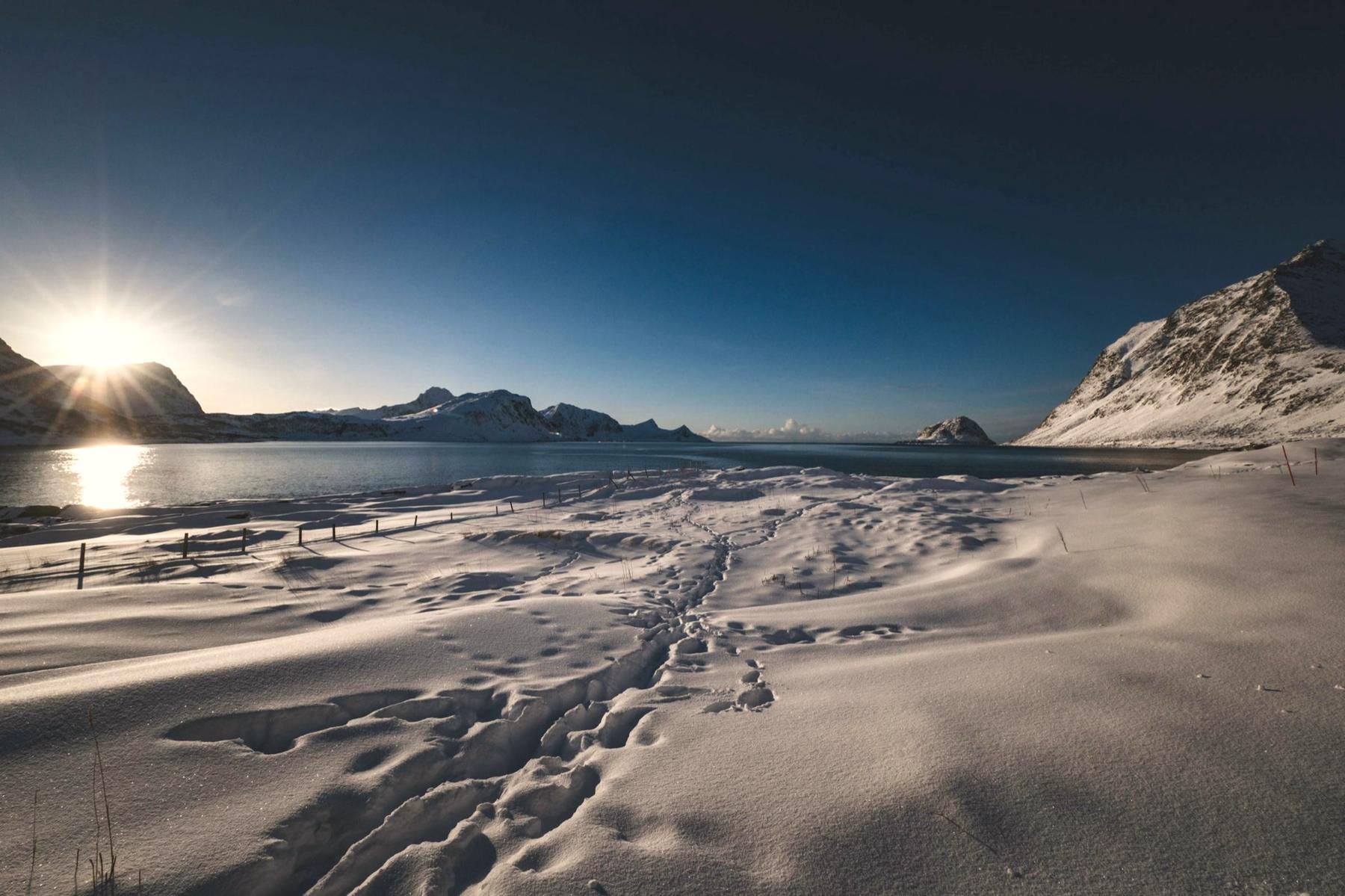 A single line of footprints crossing deep snow toward a low winter sun